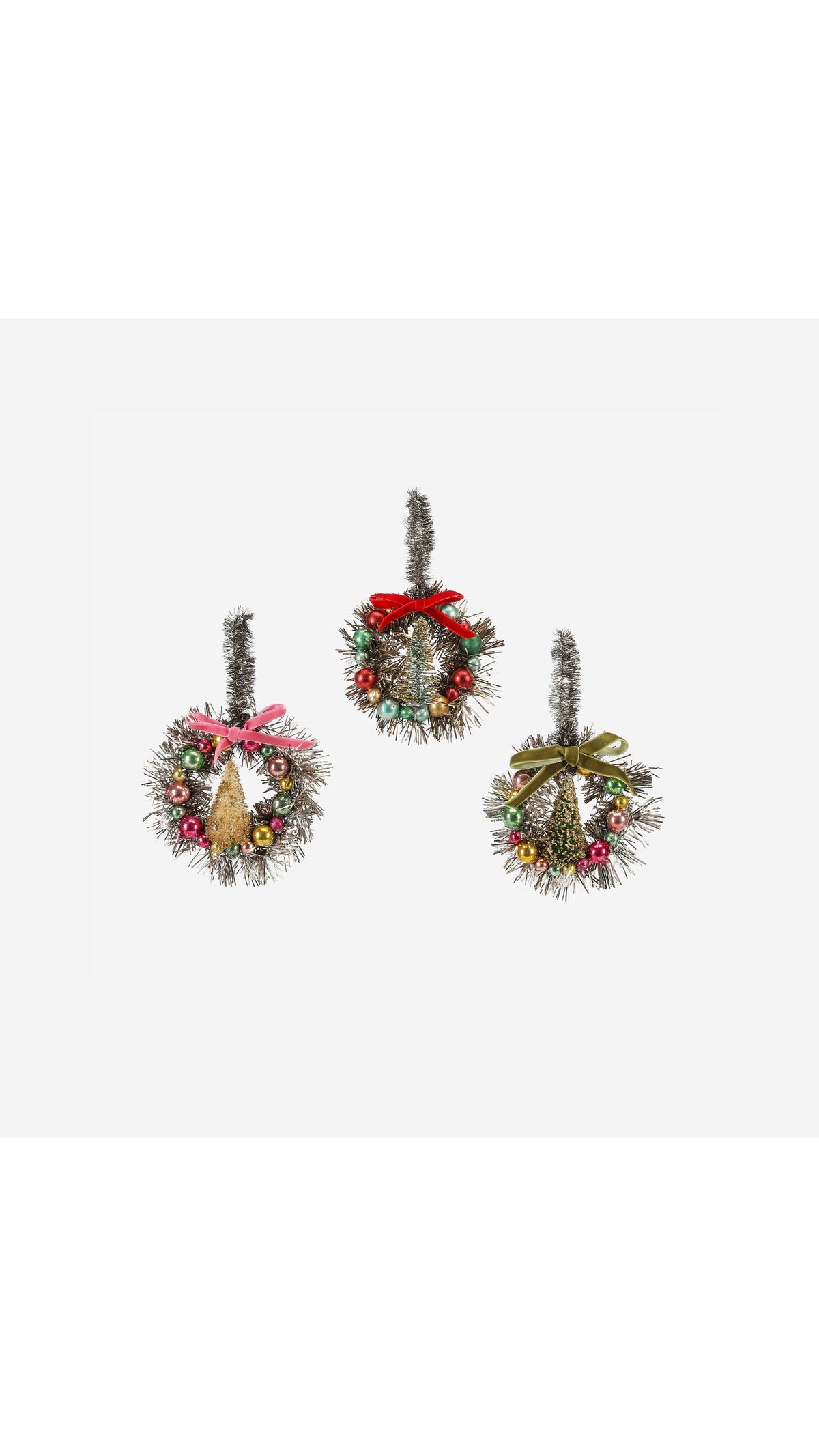 Tinsel Wreath Ornament - 3 Assorted, full view on white