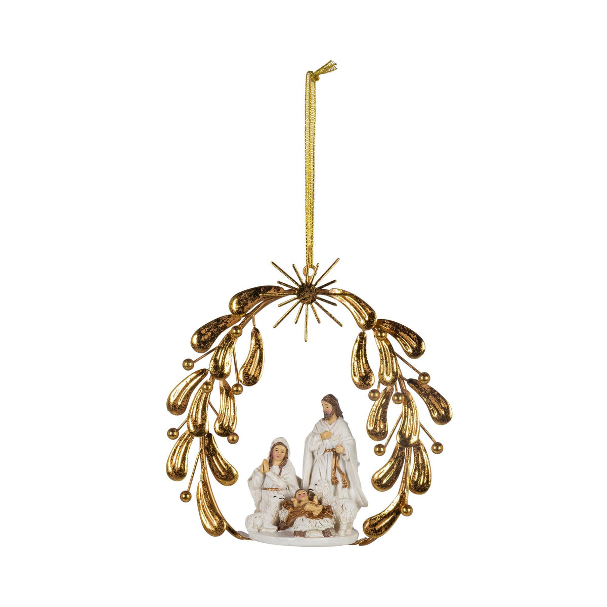 Resin nativity scene Christmas ornament, about 6 inches tall, front view