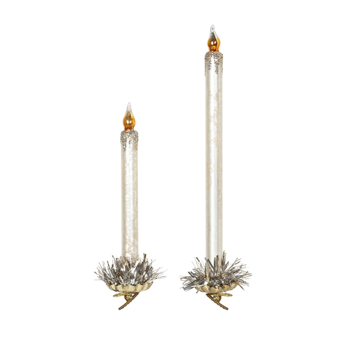 Frosted ivory glass taper candle clip-on Christmas ornaments, set of 2, full view