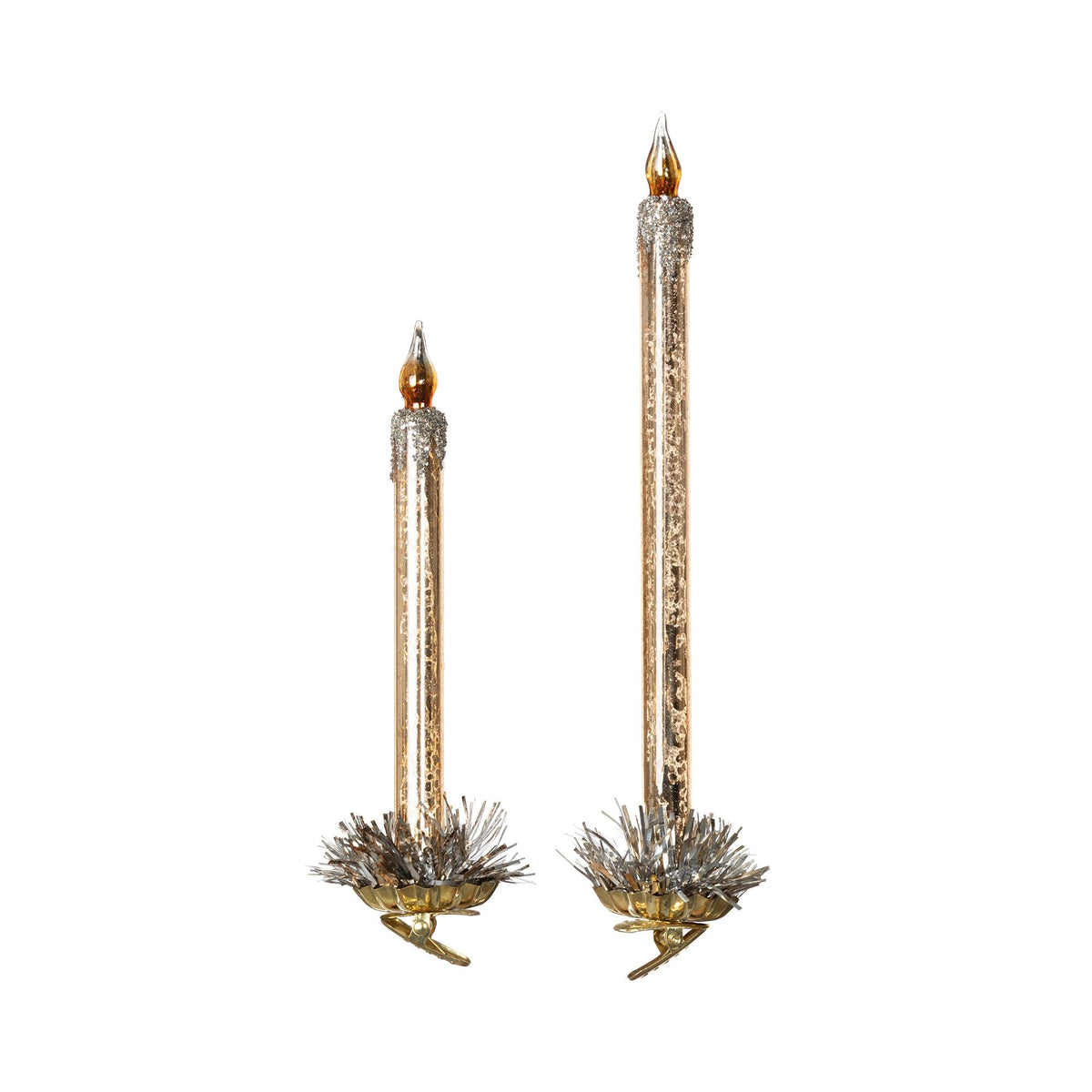 Frosted gold glass taper candle clip-on Christmas ornaments, full view