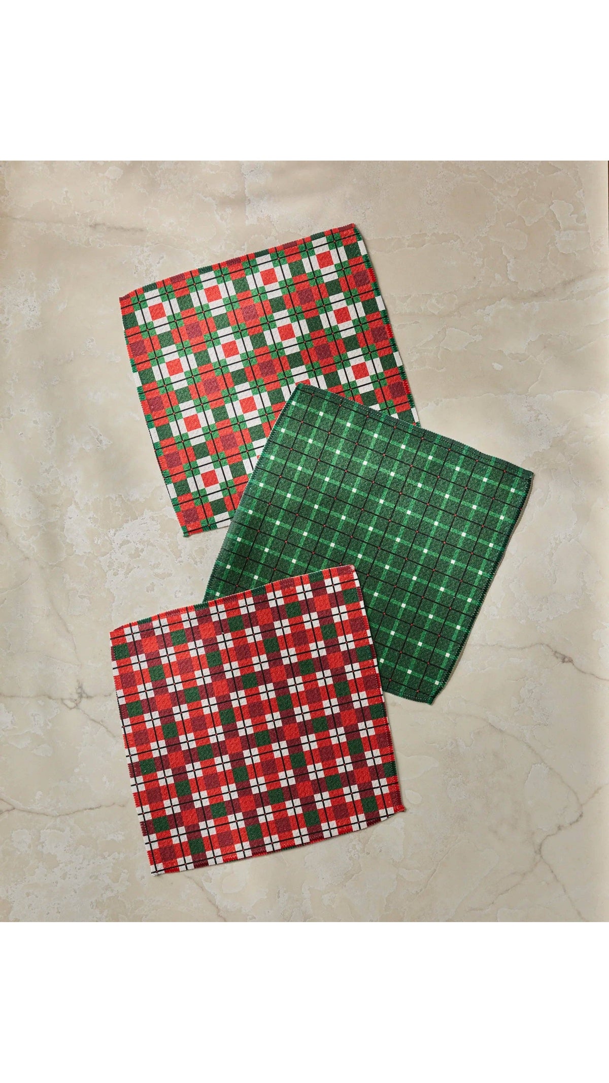 Geometry Noel plaid Christmas dishcloths, set of 3, full view on white