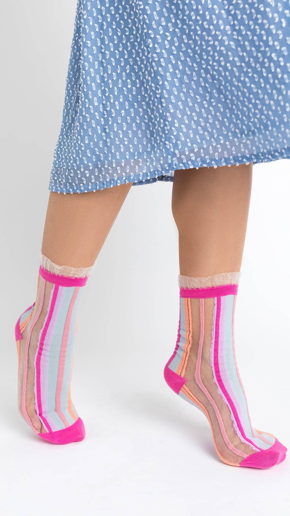 Candy stripe ruffle crew sock product photo - worn view - BLVD Boutik