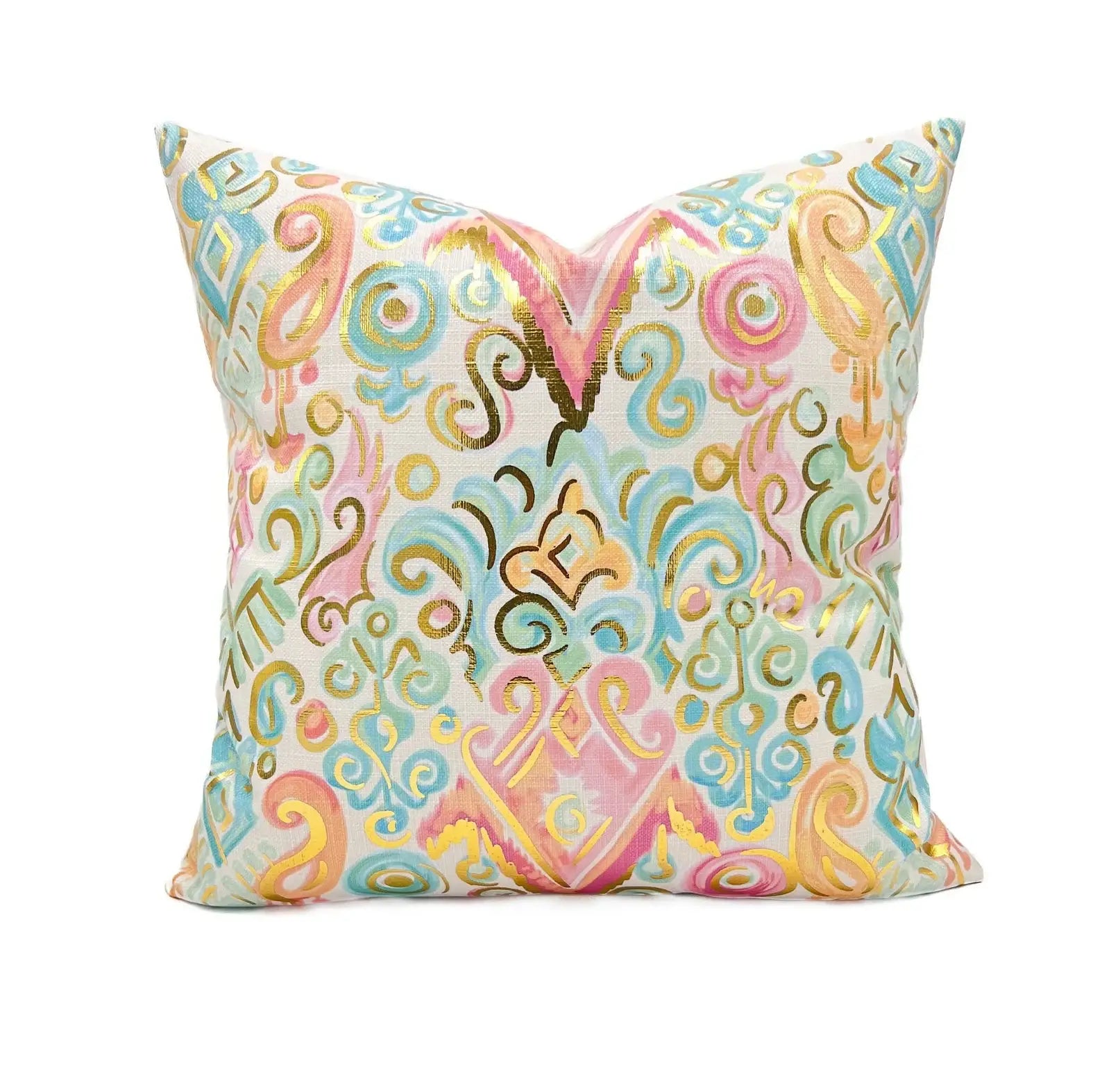 Gold foil pastel damask pillow product photo - BLVD Boutik