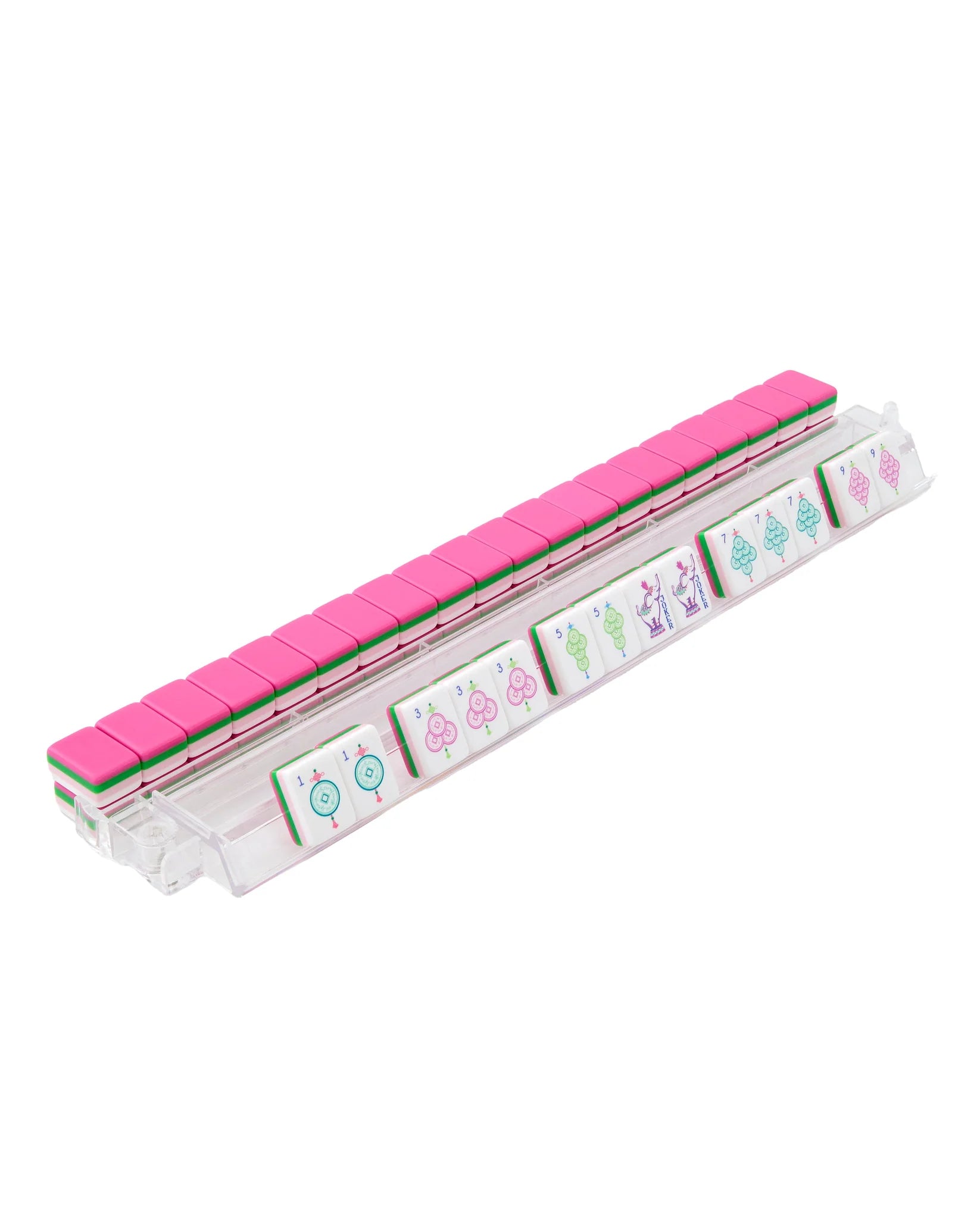 Rectangular container with pink top and colorful labels on a white background