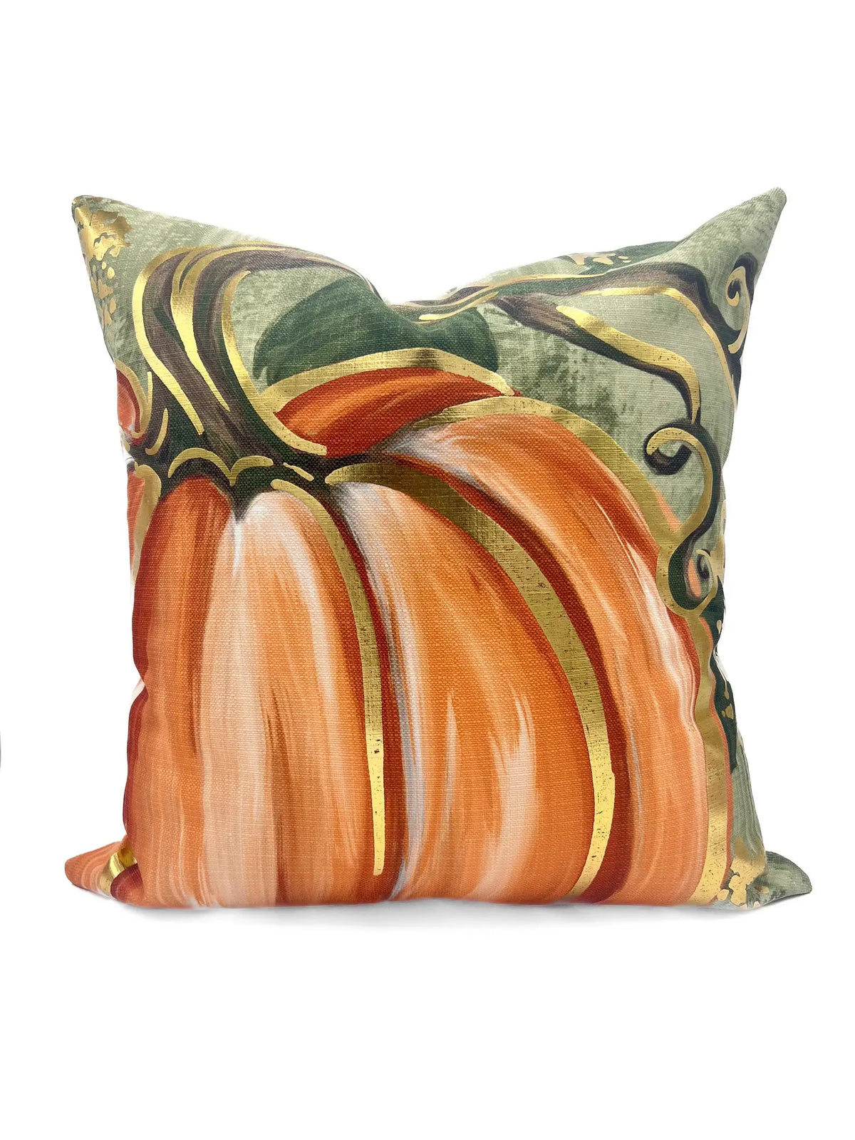 Orange pumpkin fall velvet throw pillow with real gold foil accents, 24 inch square, front view