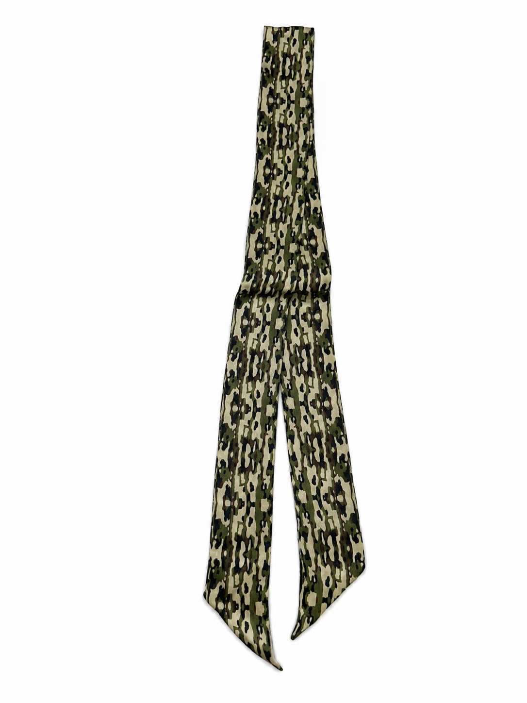 Classic camo print silk twilly scarf laid flat