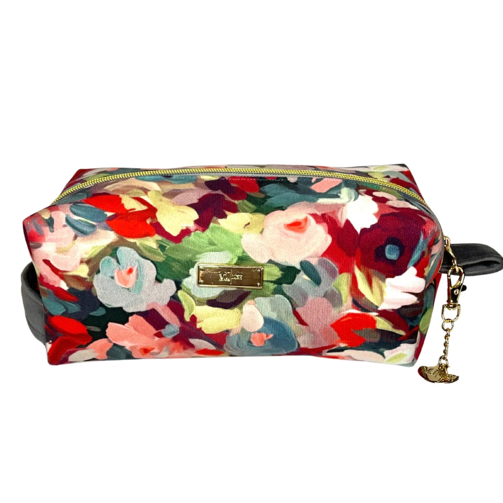Floral patterned pouch with a gold chain on a white background