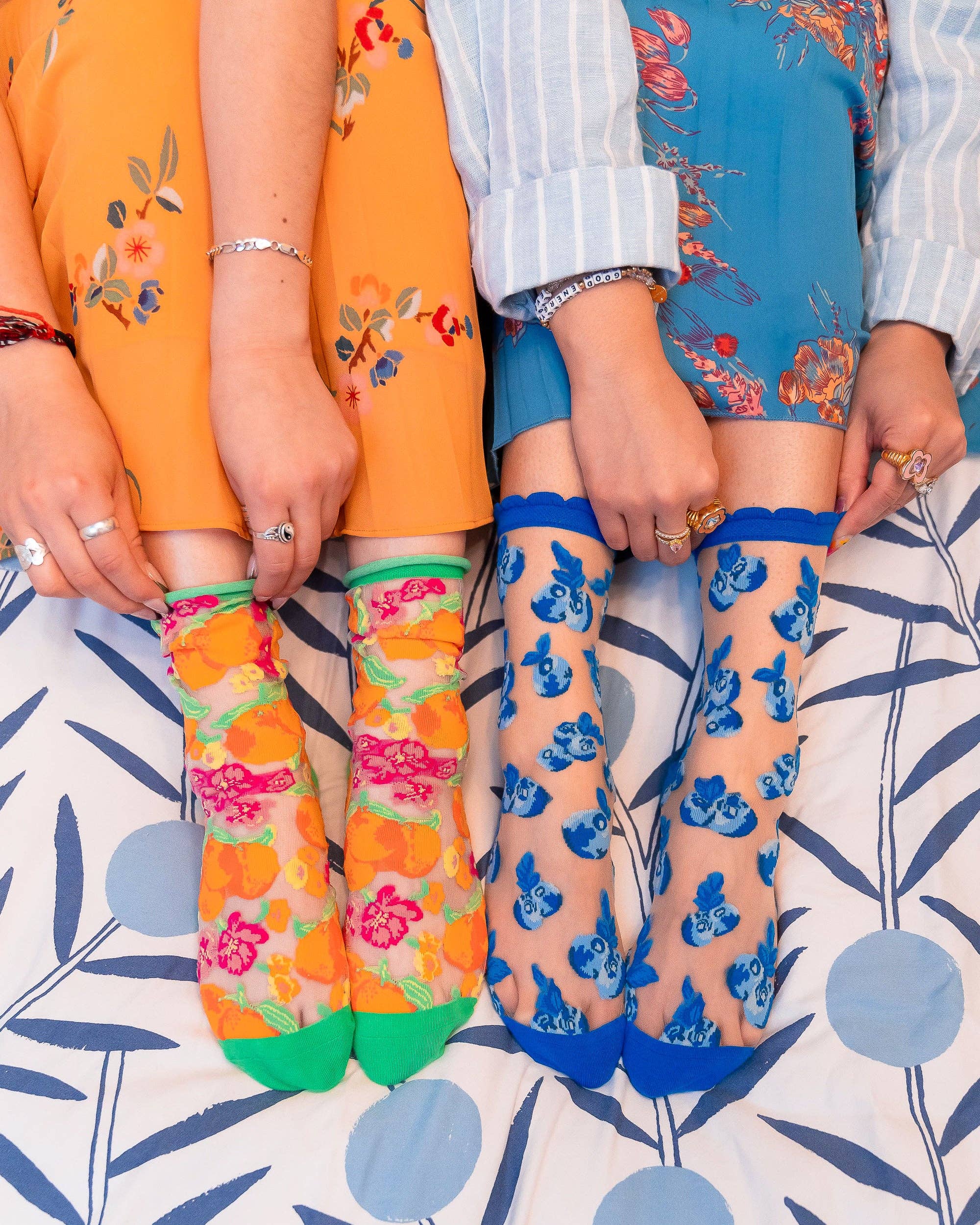 Orange Floral sheer crew sock product photo - full view - BLVD Boutik