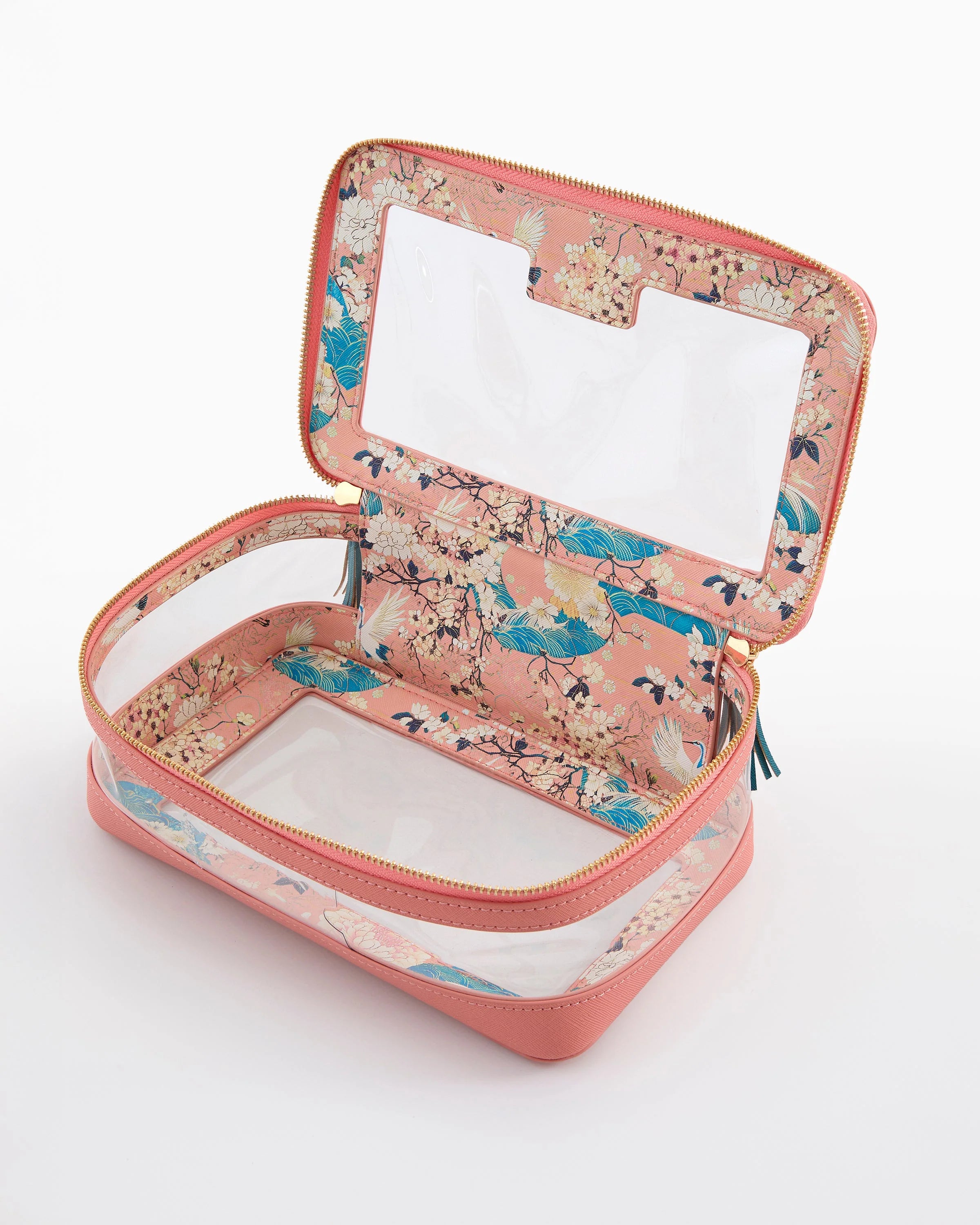 Floral-patterned jewelry case with mirror on a white background
