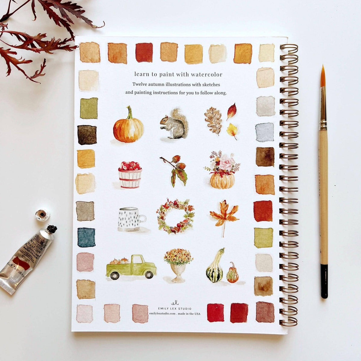 Autumn watercolor workbook back cover showing fall projects