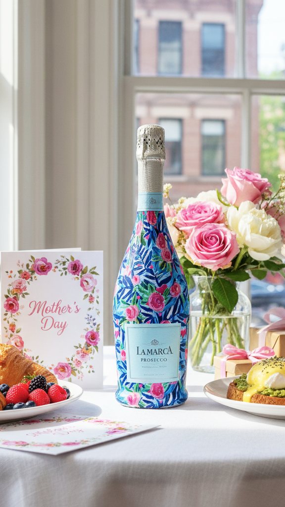 Beau Bottles Preppy Roses with Love La Marca prosecco bottle wrap — front view — BLVD Boutik