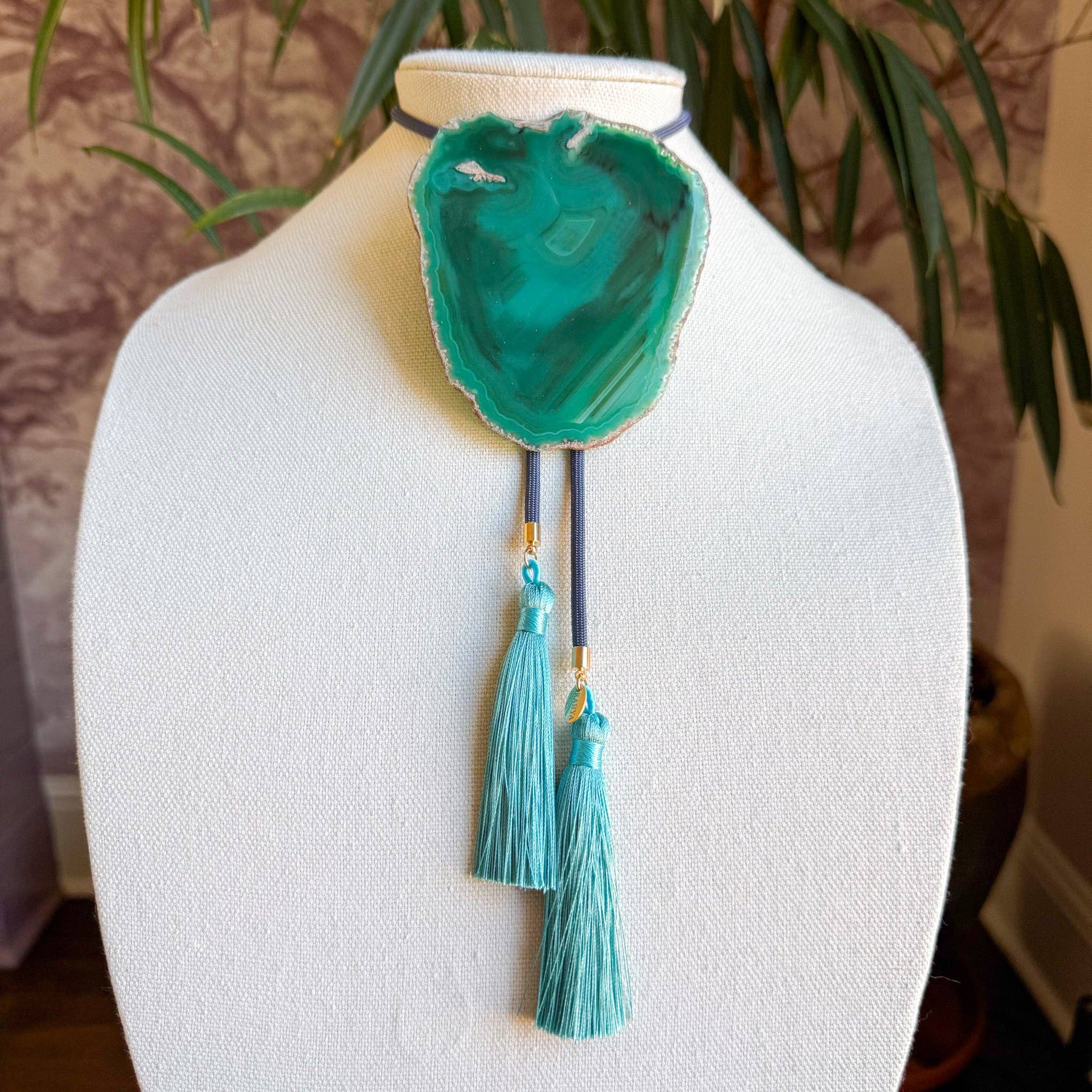Teal Geode Bolo w/Blue Tassels