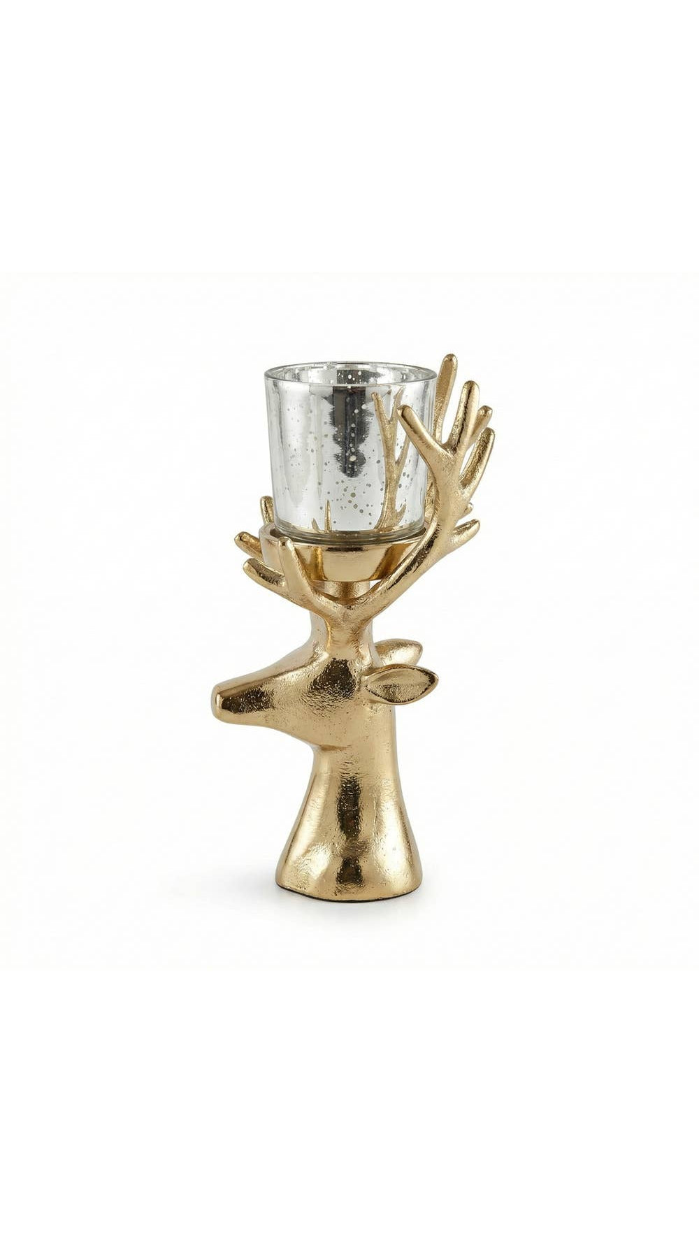Gold reindeer votive candle holder for Christmas, full view on white