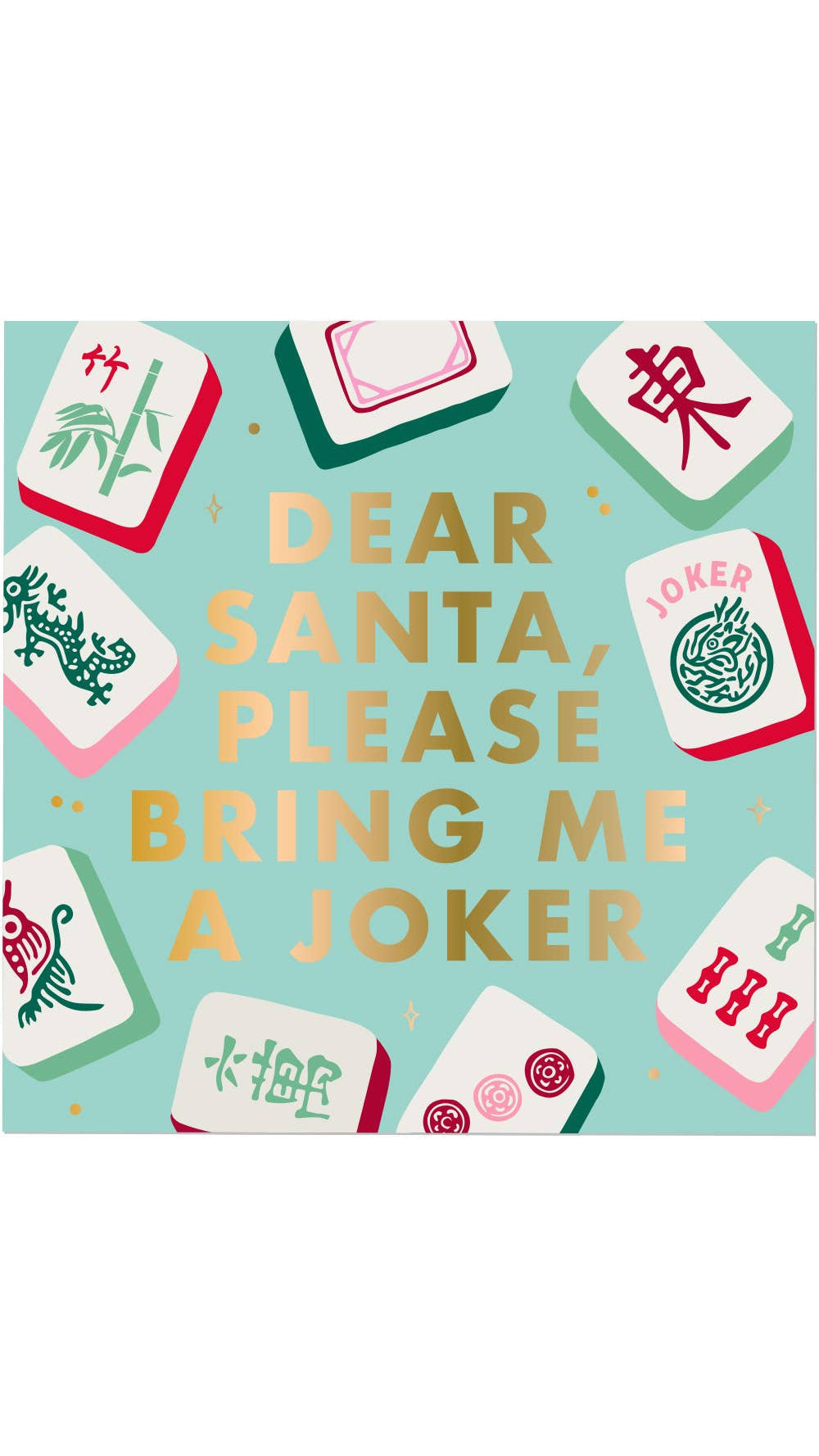 Santa Joker mahjong cocktail napkins with gold foil, pack of 20, full view on white