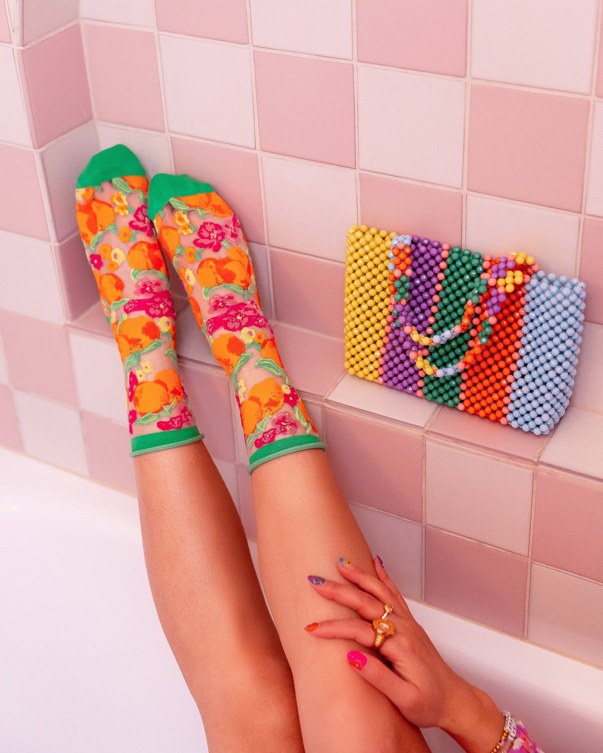 Orange Floral sheer crew sock product photo - worn view - BLVD Boutik