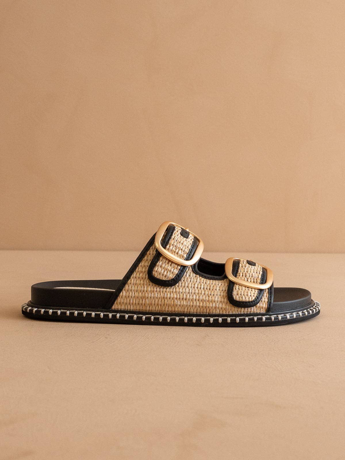 The Daytona Two-Tone Raffia Gold Buckle Sandal