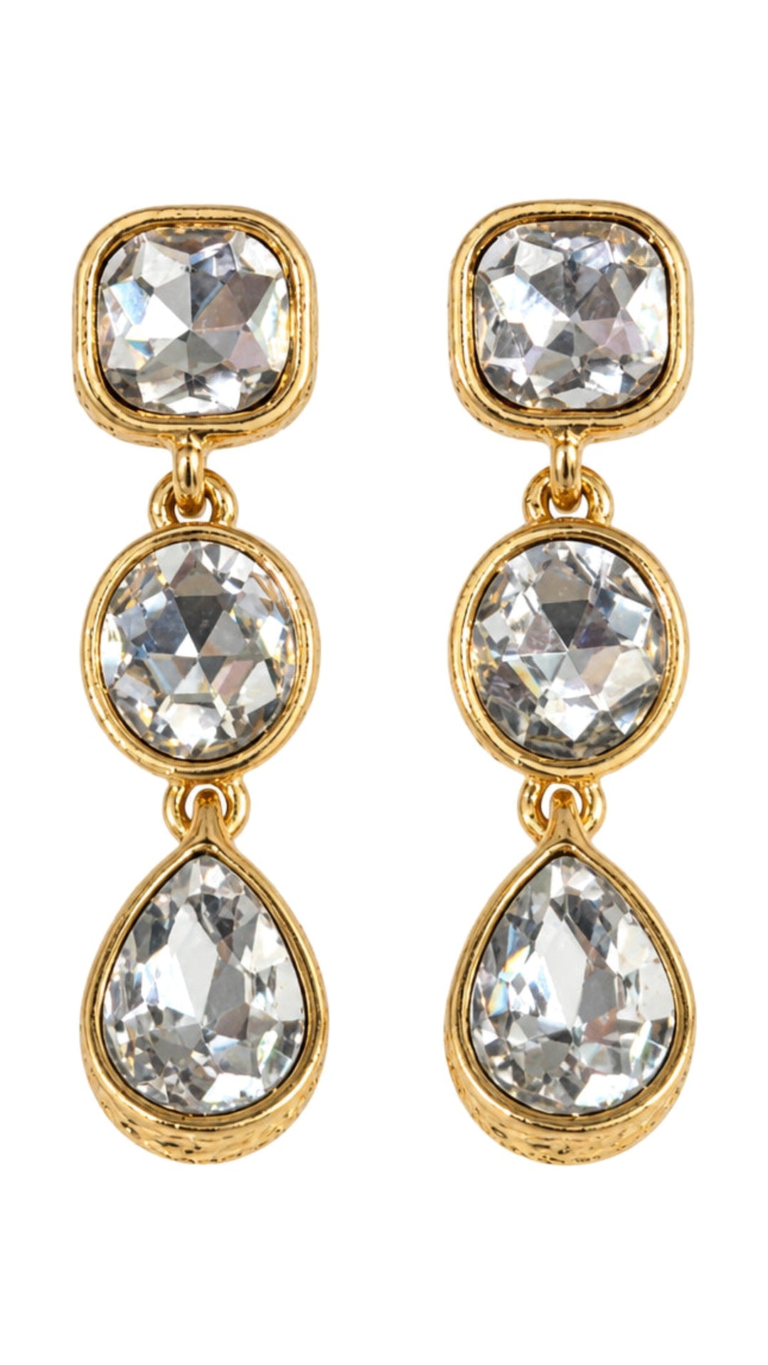 SW Trading Crystal Triple Drop Earrings, clear and gold, faceted crystals in gold-tone bezels, front view