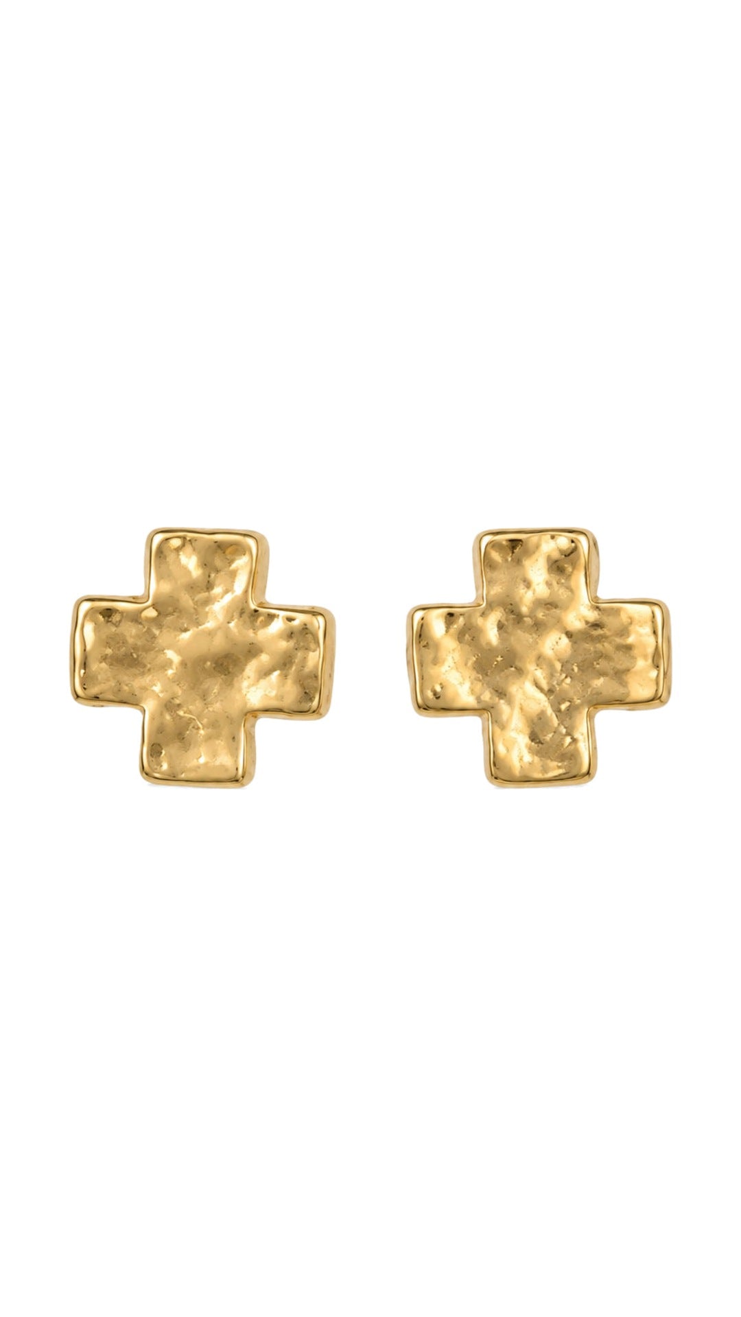 SW Trading Hammered Gold Cross Stud Earrings, gold, hammered gold-tone finish, front view