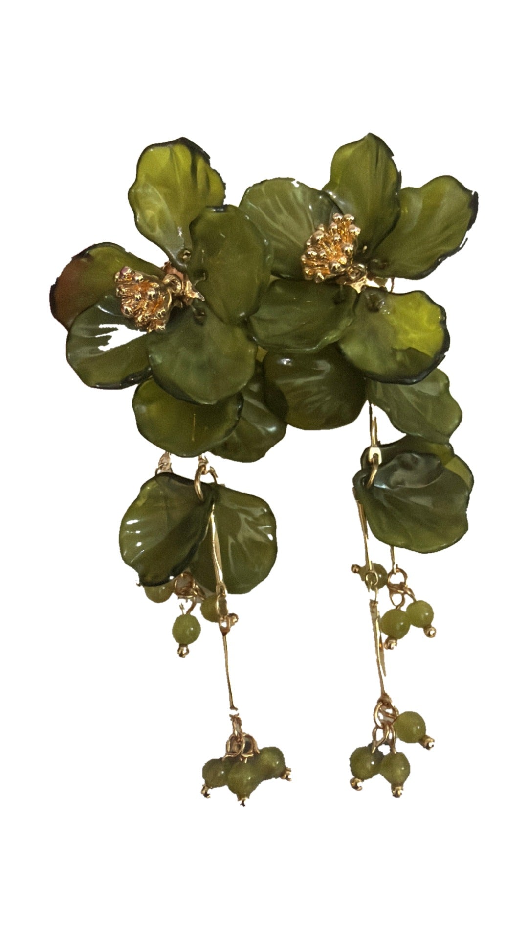 SW Trading Floral Cluster Statement Earrings, green, layered petals with beaded tassels, front view