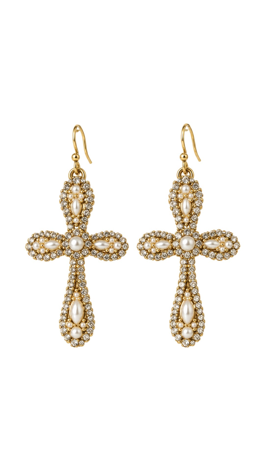 SW Trading Pearl Cross Earrings, gold and white, crystal-edged cross with pearl accents, front view
