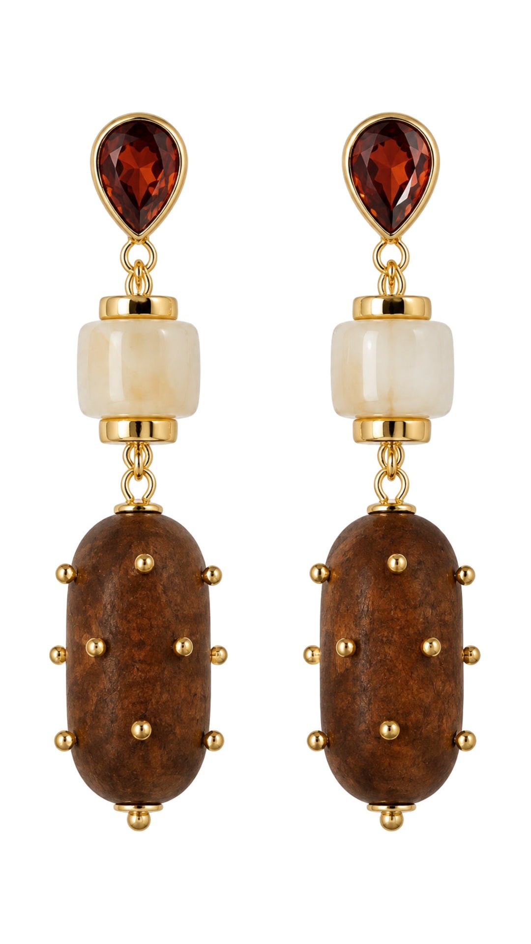 SW Trading Studded Wood Bead Statement Earrings, brown, cream and gold, garnet-toned teardrop with studded wood-look bead, front view