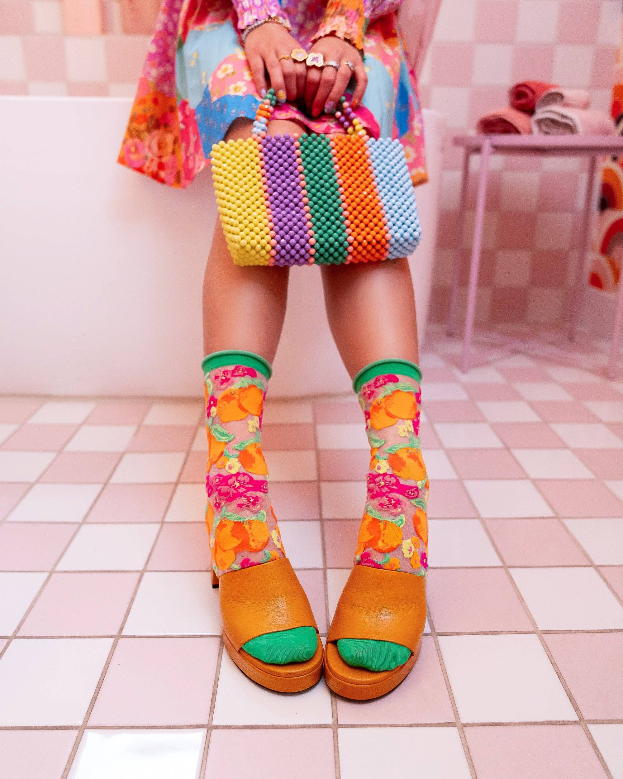Orange Floral sheer crew sock product photo - packaging view - BLVD Boutik