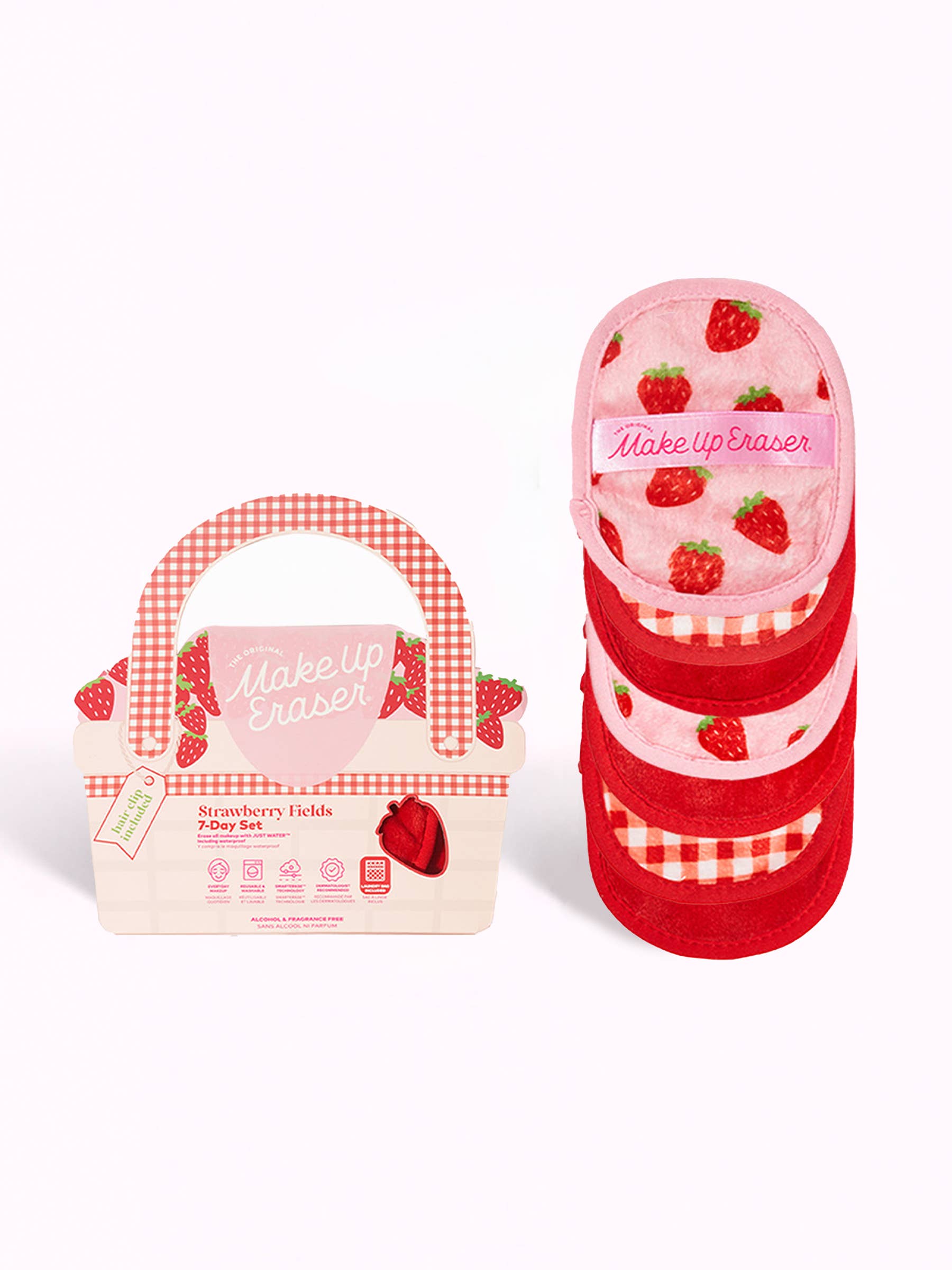 Make-up eraser set with strawberry design and packaging on a white background