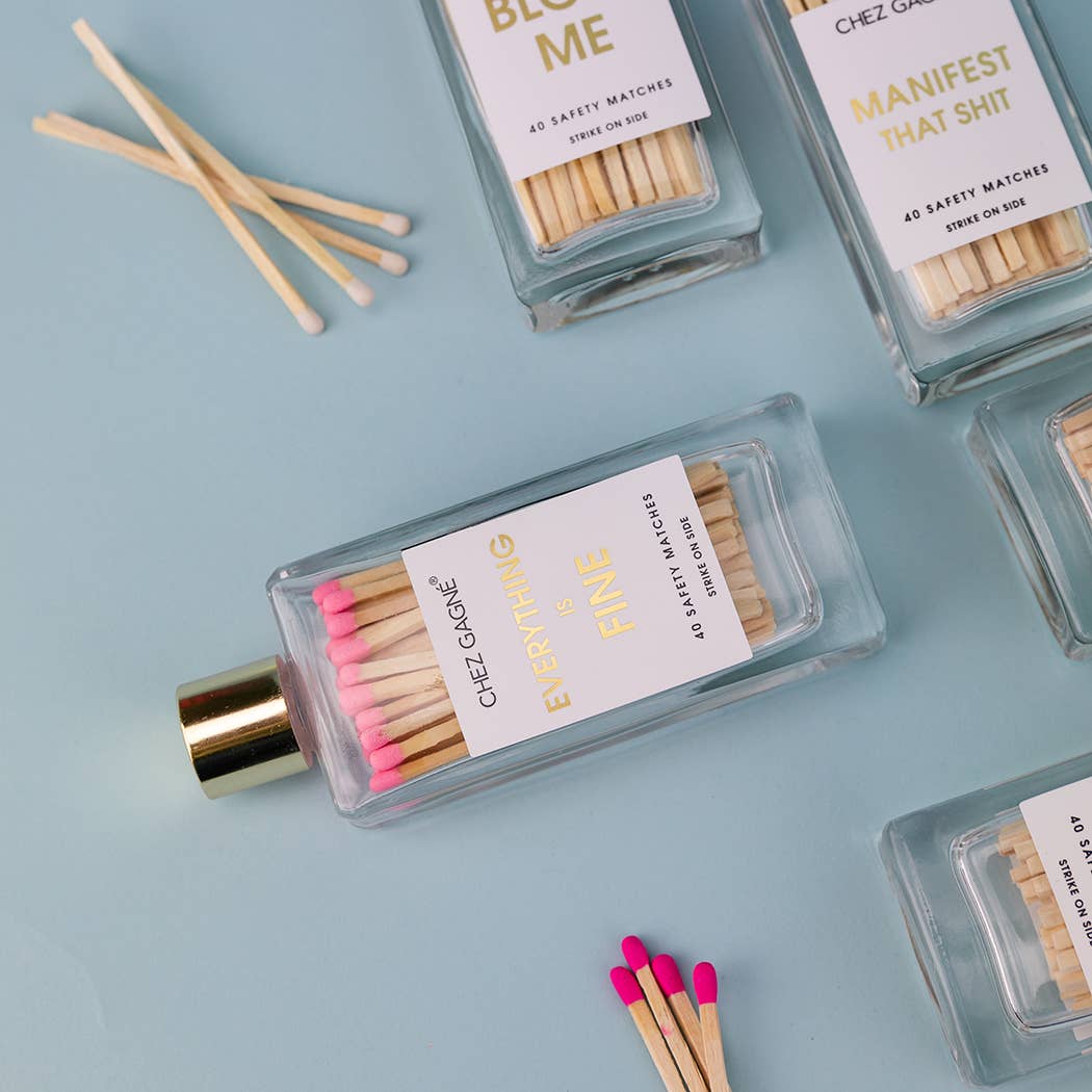 Everything is Fine glass bottle safety matches in pink product photo - lifestyle view - BLVD Boutik