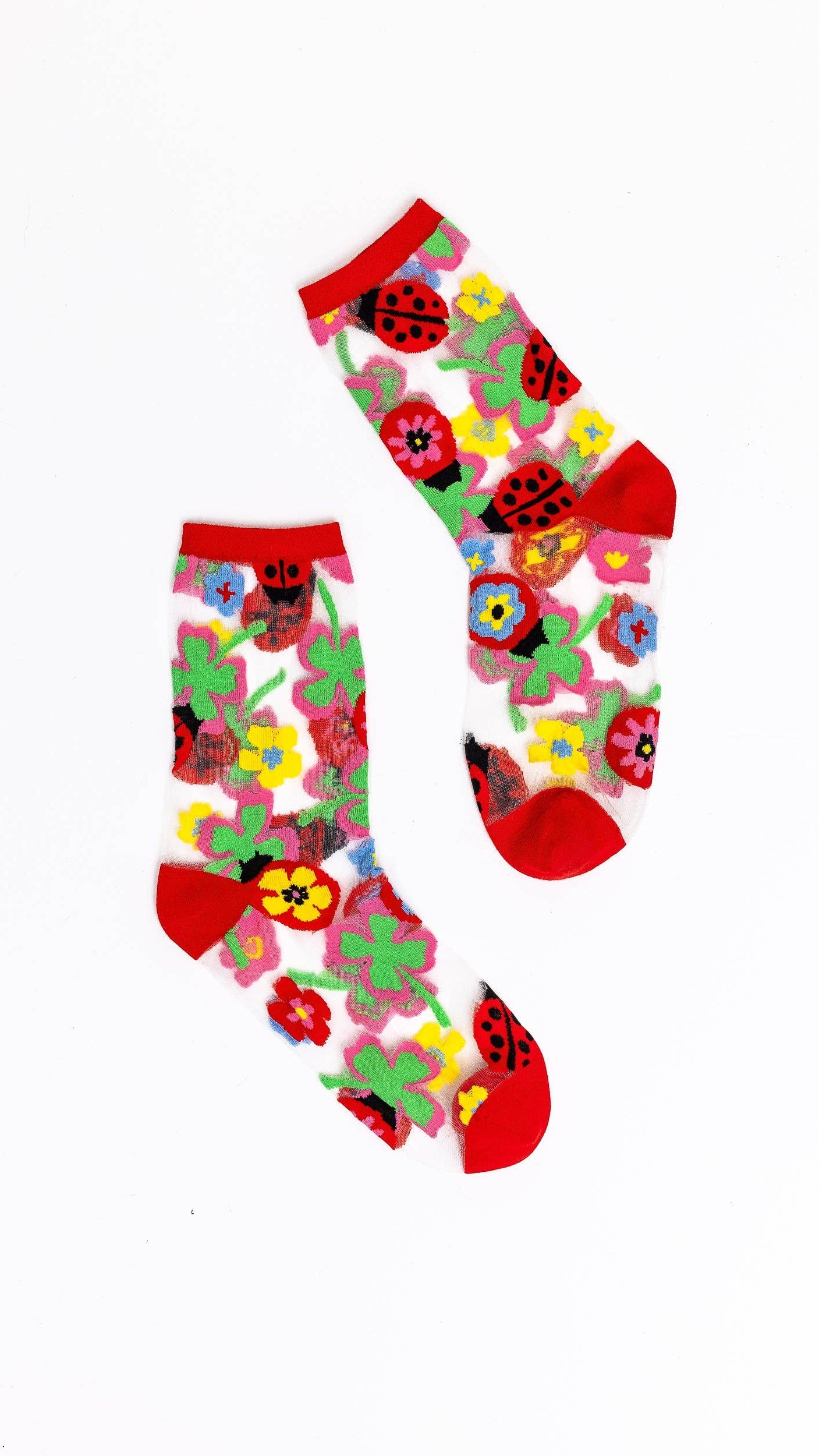 Lucky Ladybug sheer crew sock product photo - front view - BLVD Boutik