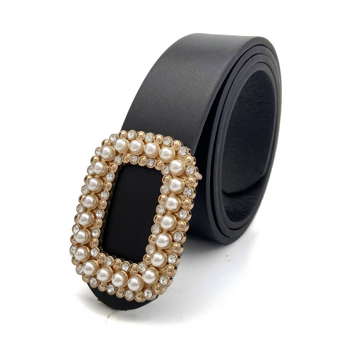 Black belt with a decorative pearl buckle on a white background