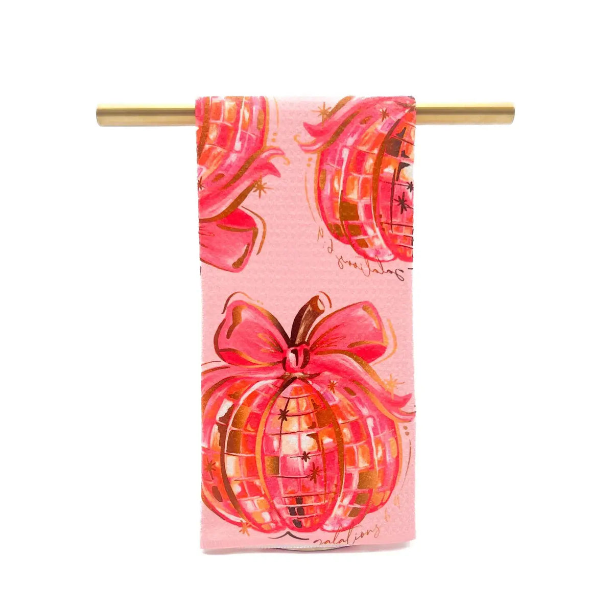 Pink disco pumpkin fall waffle-weave tea towel, front view