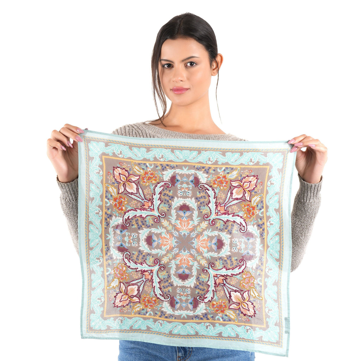 Floralia embroidered cotton bandana in ash mocha