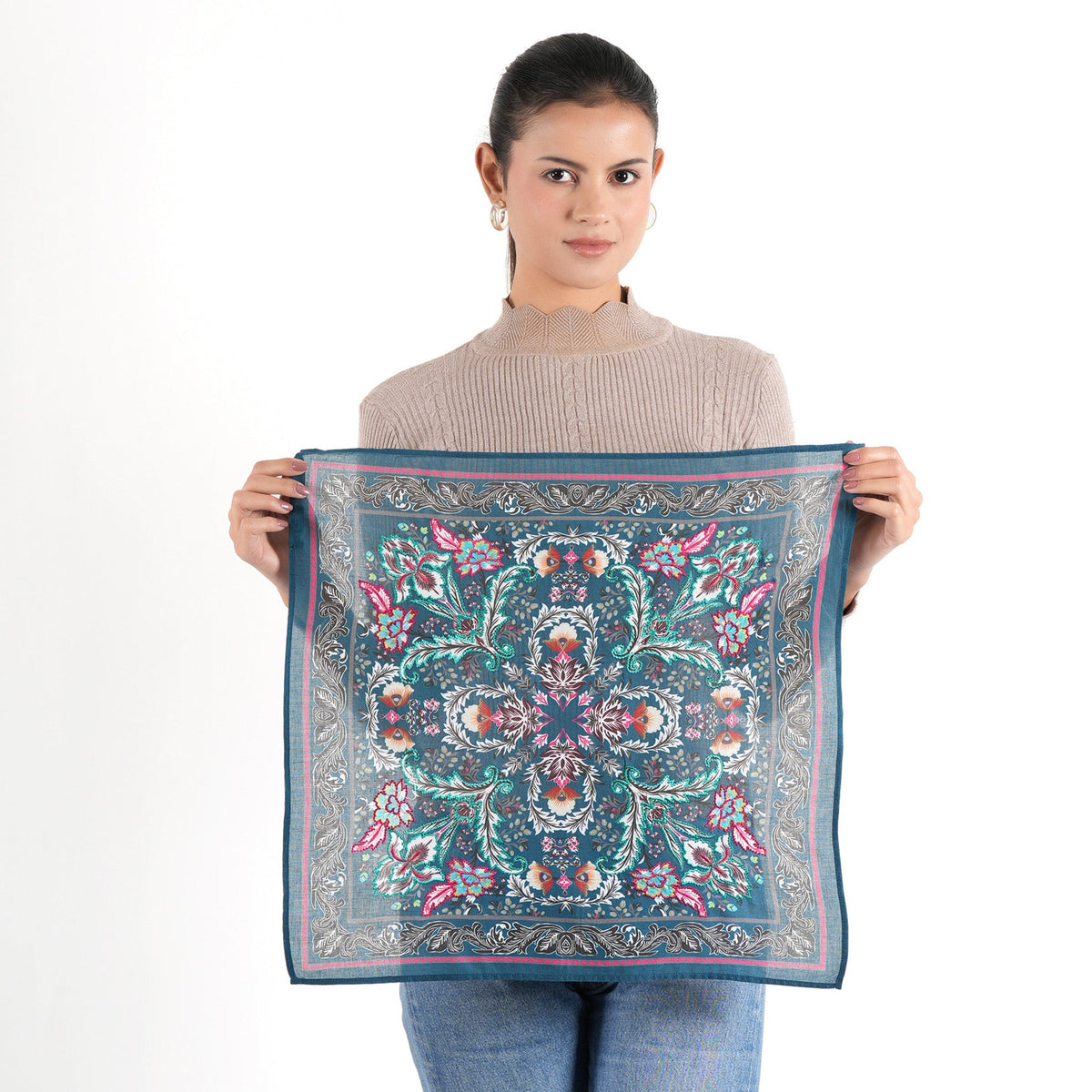 Floralia embroidered cotton bandana in ink blue