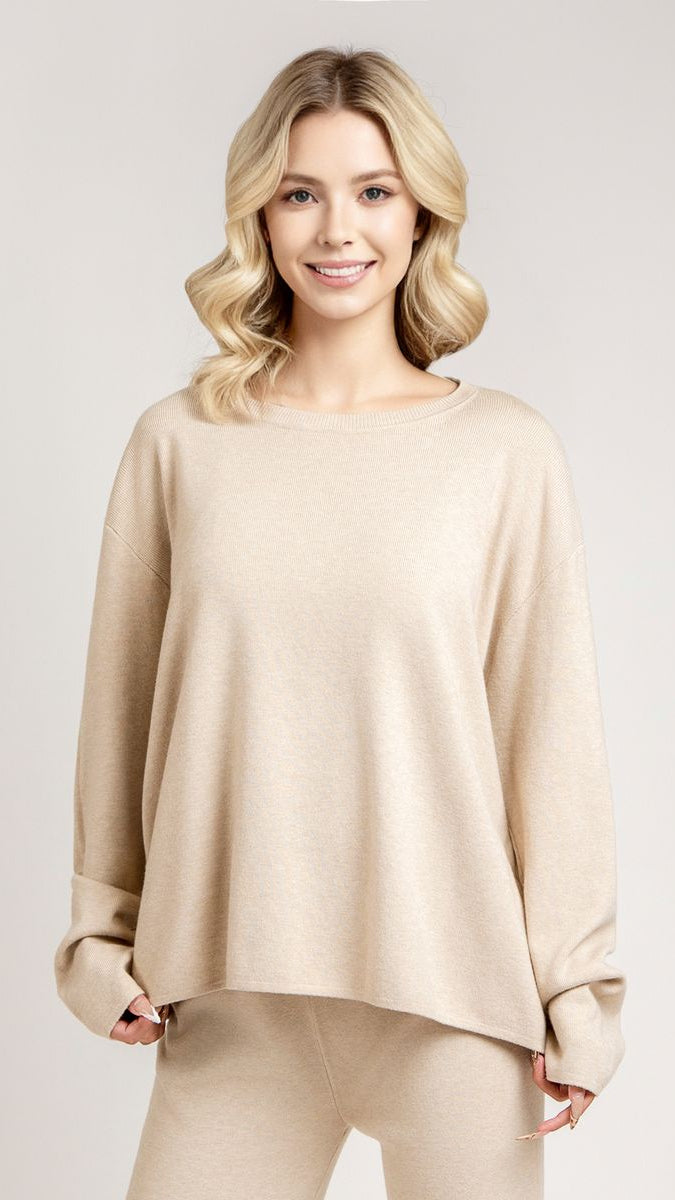Beige Solid Long Sleeve Loungewear Top