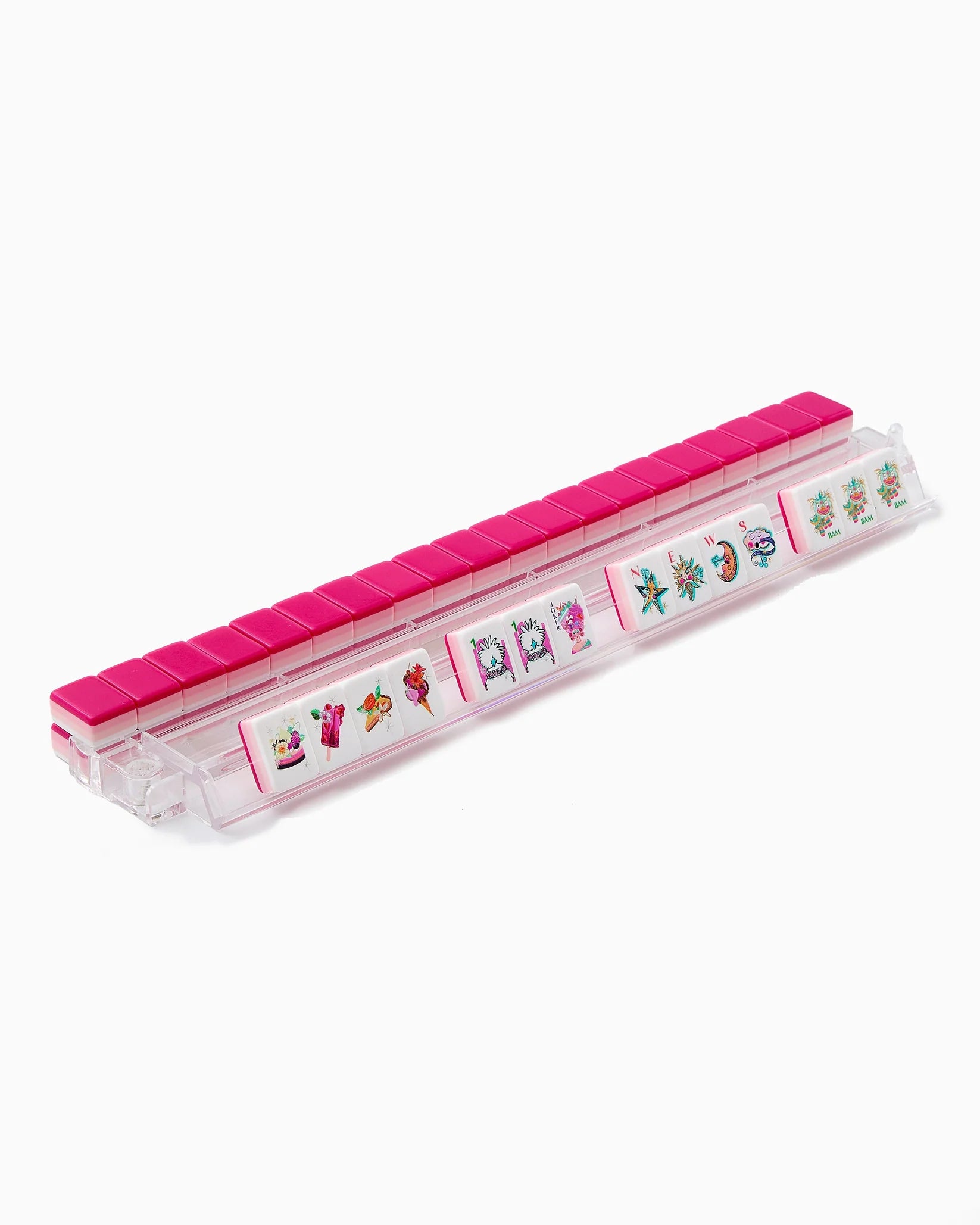Pink and clear rectangular container with colorful labels on a white background