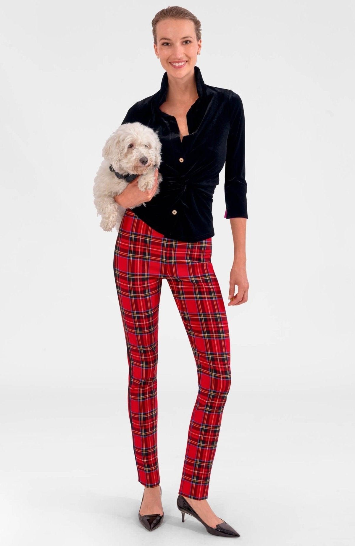 Gretchen Scott Gripeless Pull On Pants in Duke of York Red Multi print, rayon-nylon stretch, detail view