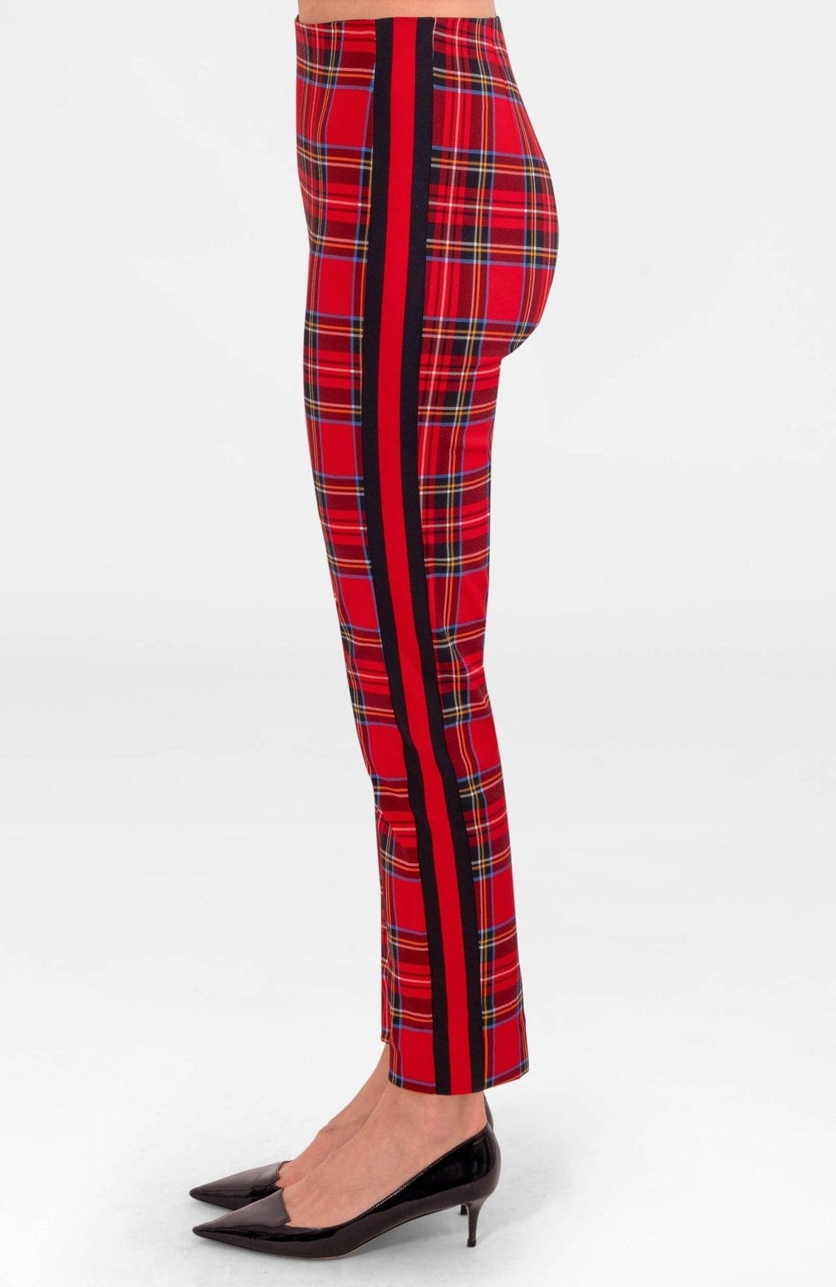 Gretchen Scott Gripeless Pull On Pants in Duke of York Red Multi print, rayon-nylon stretch, side view