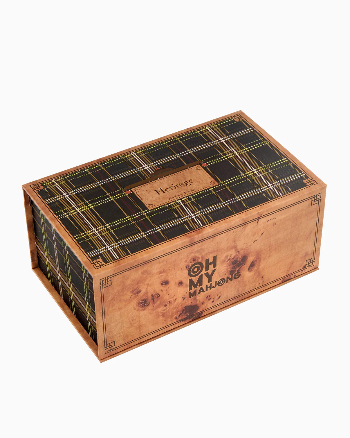 Wooden box with plaid pattern and 'Oh My Mahjong' branding on a white background