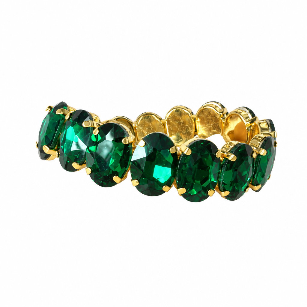Jeweled oval stone stretch bracelet on white background, fourth view