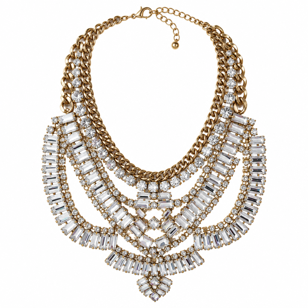 Layered rhinestone bib necklace alone on solid white, second view