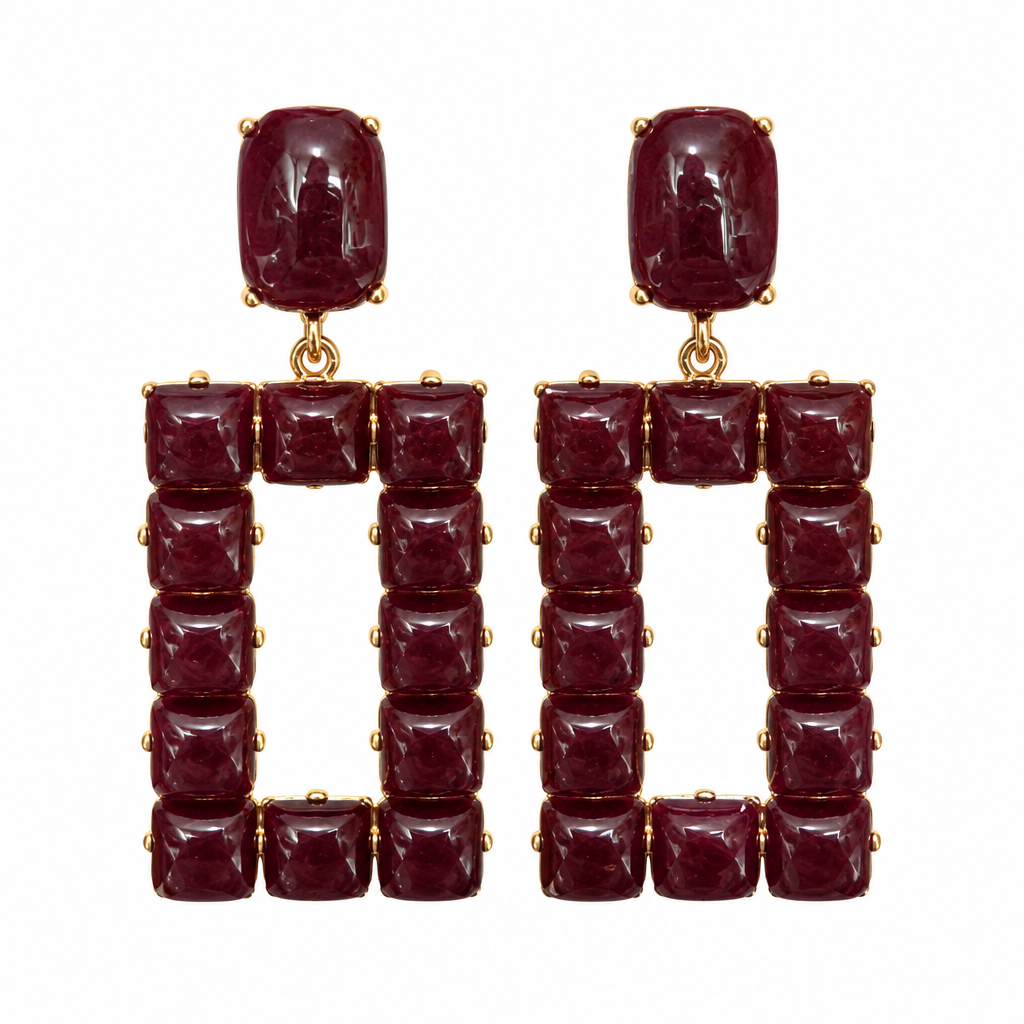 Brown open rectangle stone statement earrings on white background