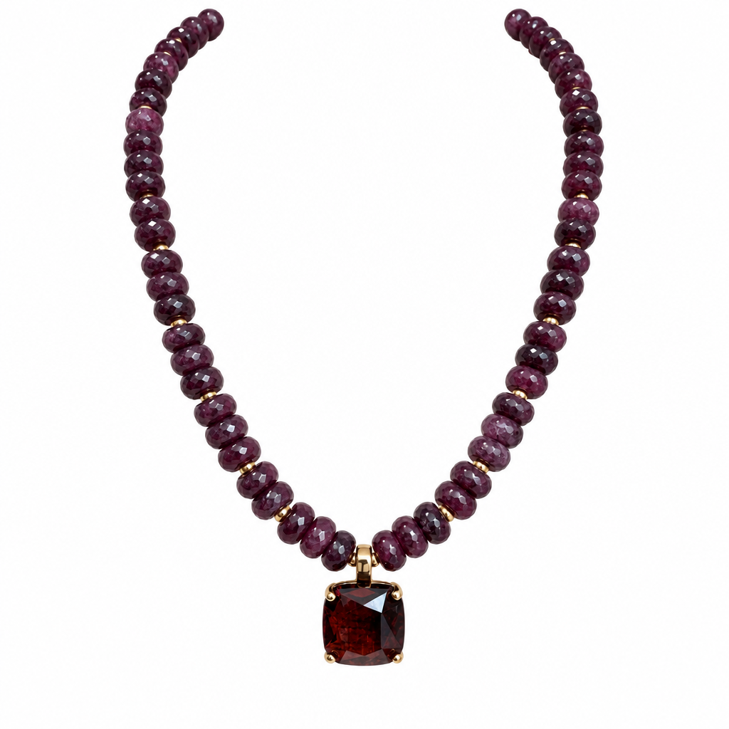 SW Trading Rondelle Bead Pendant Necklace, purple, faceted rondelle beads with square pendant, front view