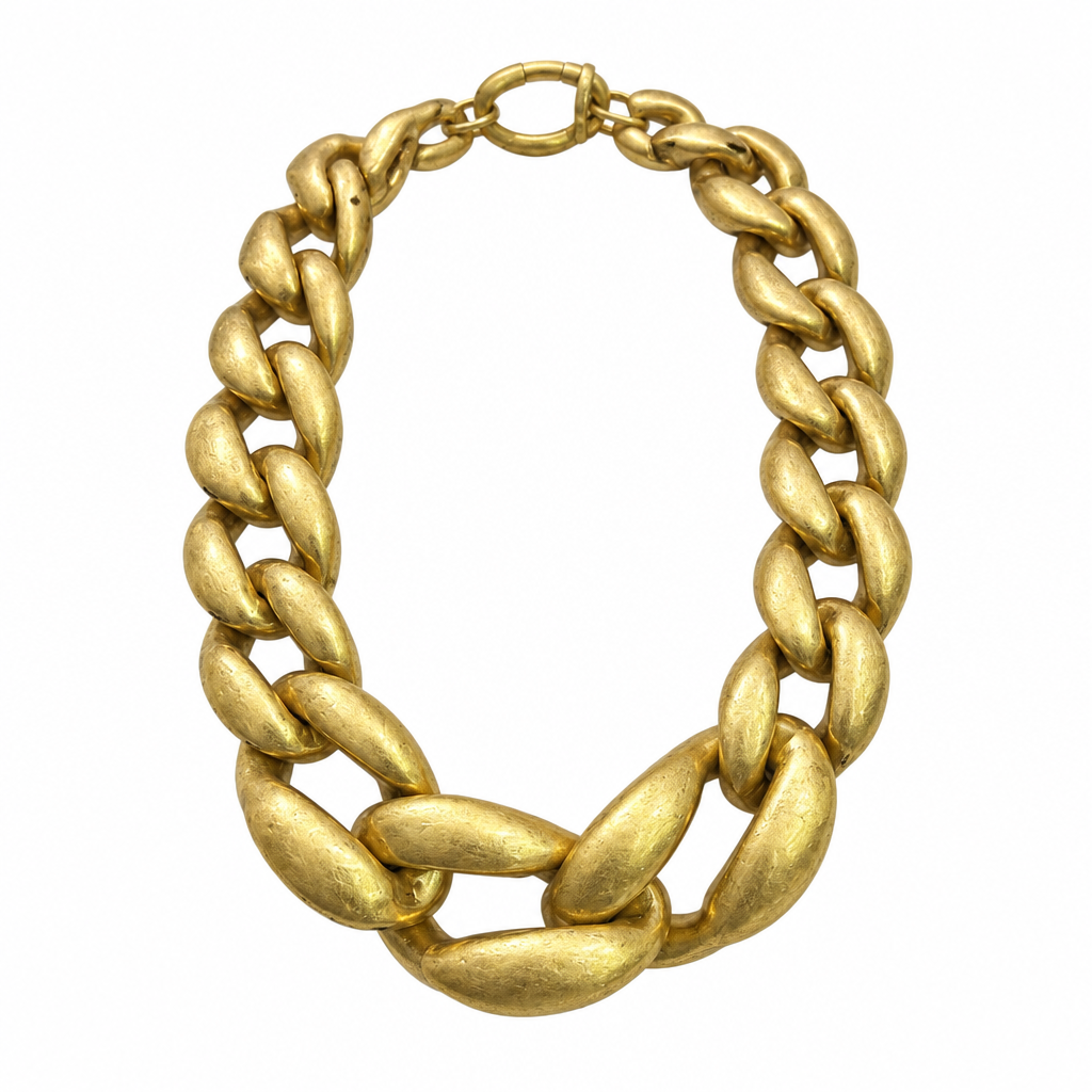 Chunky matte gold link necklace alone on solid white, second view