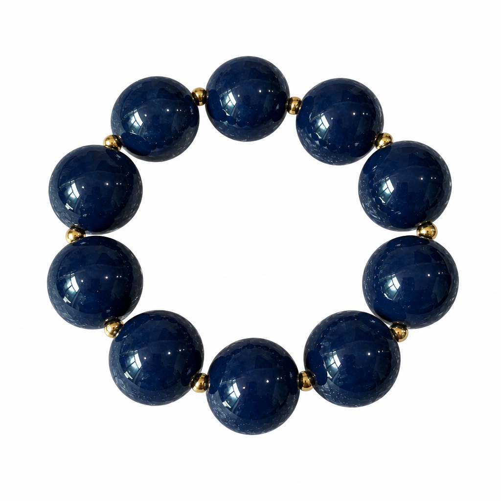 SW Trading Chunky Round Bead Stretch Bracelet, blue, glossy round beads with gold-tone spacers, front view