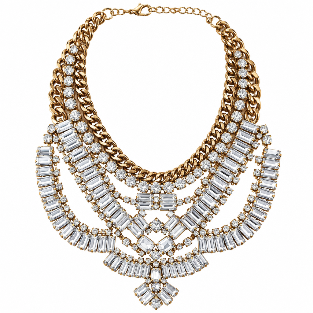 Layered rhinestone bib necklace alone on solid white, first view