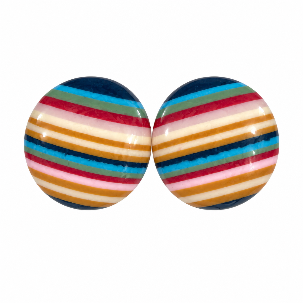 Retro stripe disc earrings on white background, first view