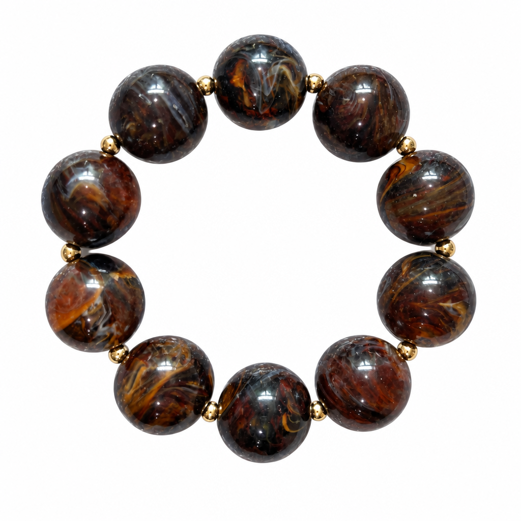 SW Trading Chunky Round Bead Stretch Bracelet, brown, marbled round beads with gold-tone spacers, front view