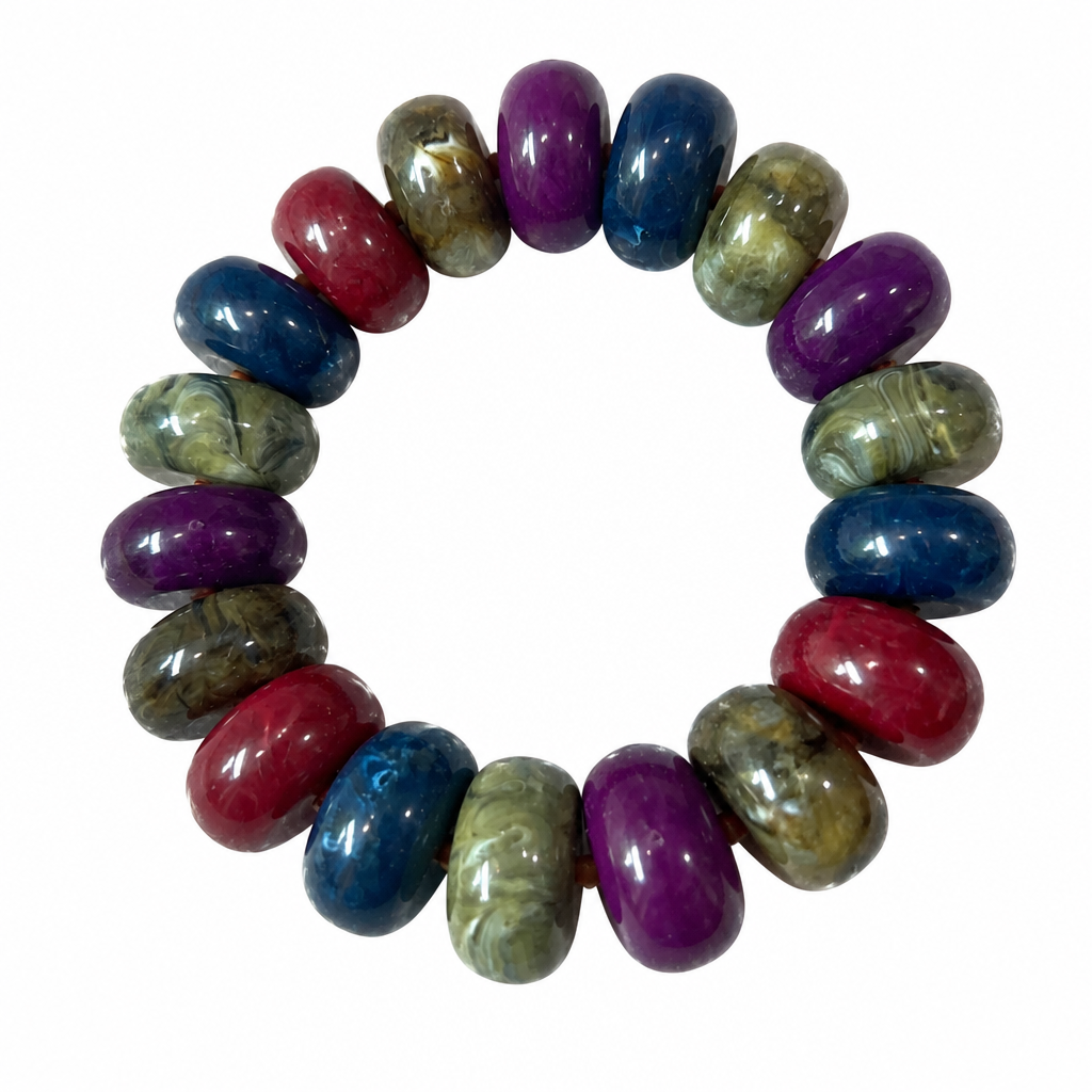 Chunky rondelle bead stretch bracelet on white background, fourth view