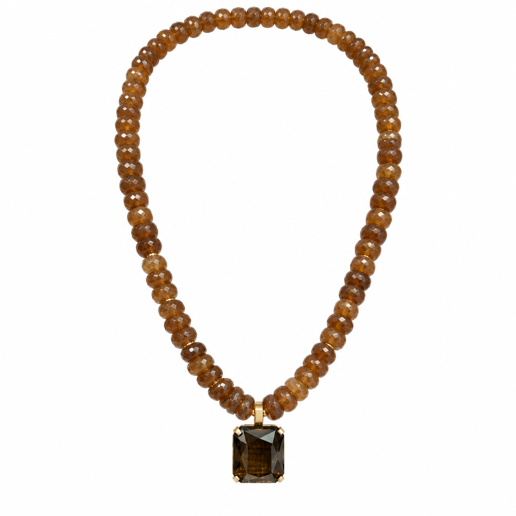 SW Trading Rondelle Bead Pendant Necklace, brown, faceted rondelle beads with square pendant, front view