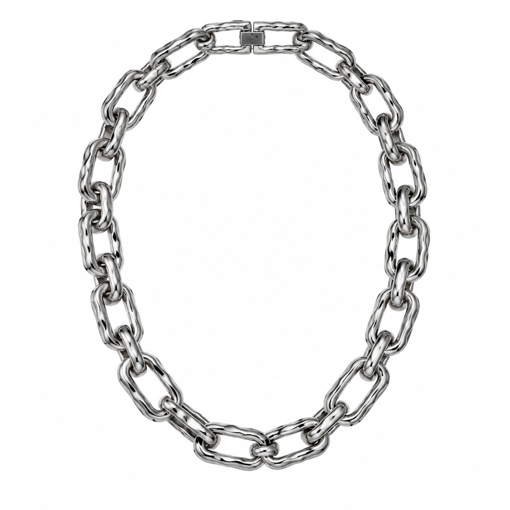 Silver rectangular chain necklace alone on white